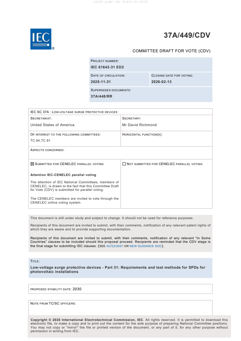 prEN IEC 61643-31:2025 prEN IEC 61643-31:2026 - BARVE