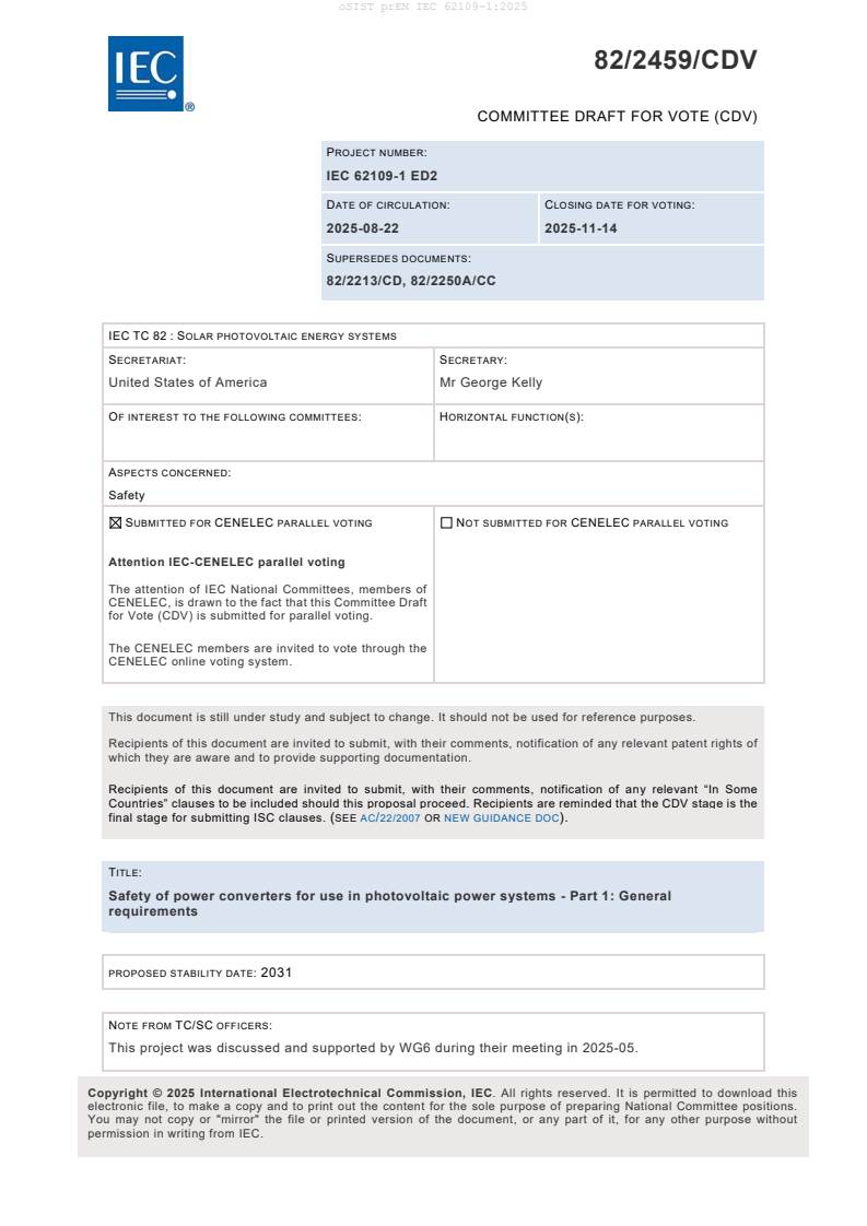 oSIST prEN IEC 62109-1:2025 oSIST prEN IEC 62109-1:2025 - BARVE