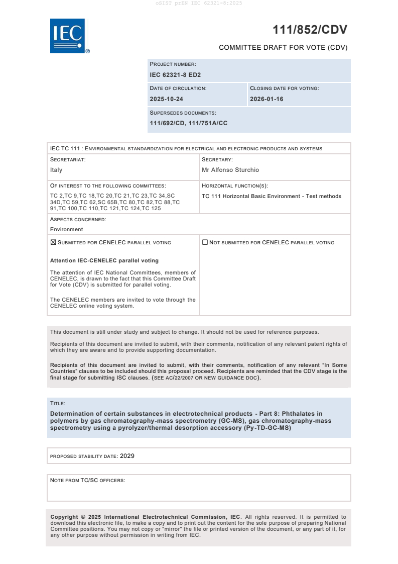 prEN IEC 62321-8:2025 prEN IEC 62321-8:2025 - BARVE