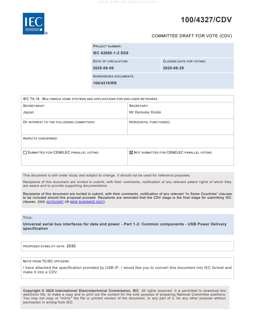 prEN IEC 62680-1-2:2025 - POZOR: Potrebno posredovati še manjkajoči del  osnutka (IEC). Ob nakupu se obrnite na prodaja@sist.si.         ATTENTION: The missing part of the SIST (IEC) draft must be provided. When purchasing, please contact prodaja@sist.si.