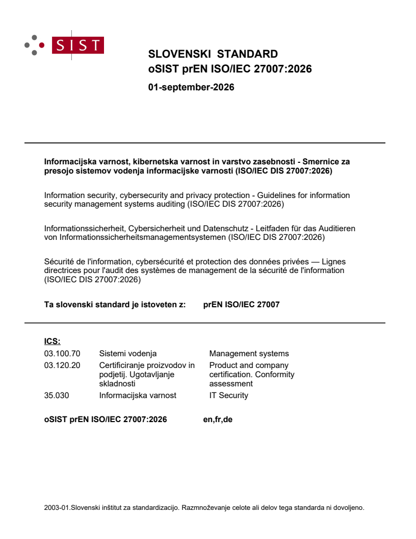 prEN ISO/IEC 27007 prEN ISO/IEC 27007:2026 - Page 1 preview