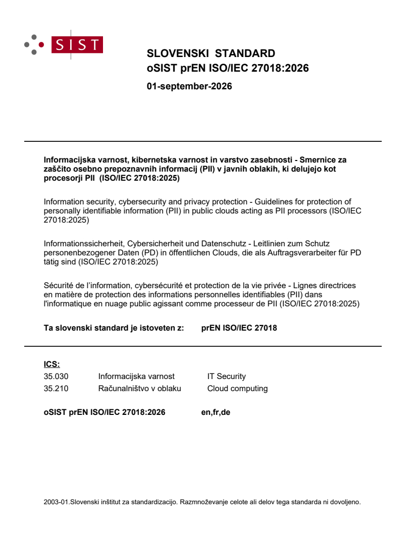 oSIST prEN ISO/IEC 27018:2026 oSIST prEN ISO/IEC 27018:2026 - Page 1 preview
