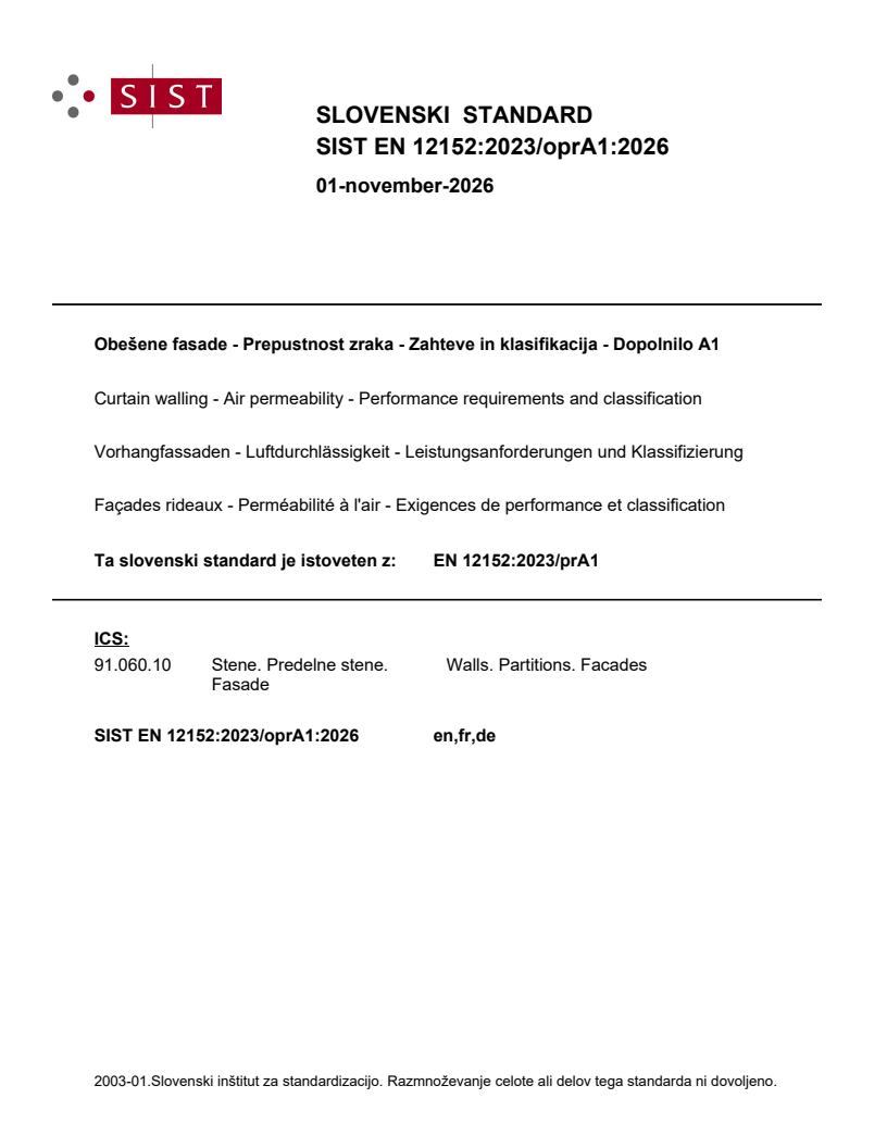 EN 12152:2023/prA1 EN 12152:2023/oprA1:2026 - Page 1 preview