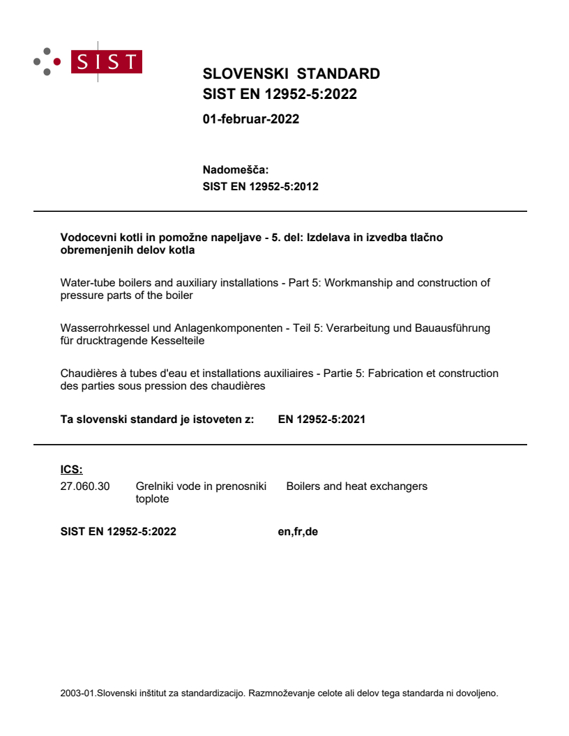 EN 12952-5:2021 EN 12952-5:2022 - Page 1 preview