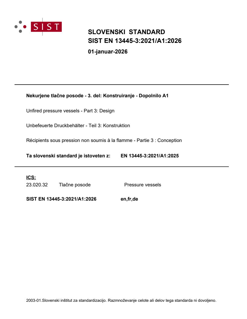 SIST EN 13445-3:2021/A1:2026 - BARVE