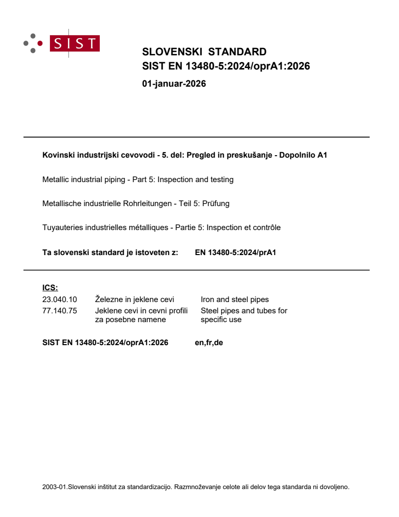 EN 13480-5:2024/prA1 EN 13480-5:2024/oprA1:2026