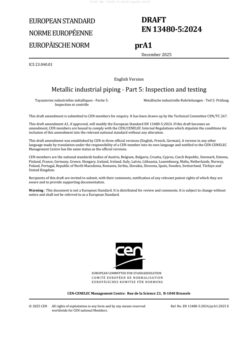 EN 13480-5:2024/prA1 EN 13480-5:2024/oprA1:2026