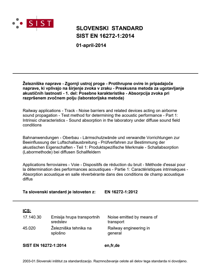 EN 16272-1:2012 EN 16272-1:2014 - Page 1 preview