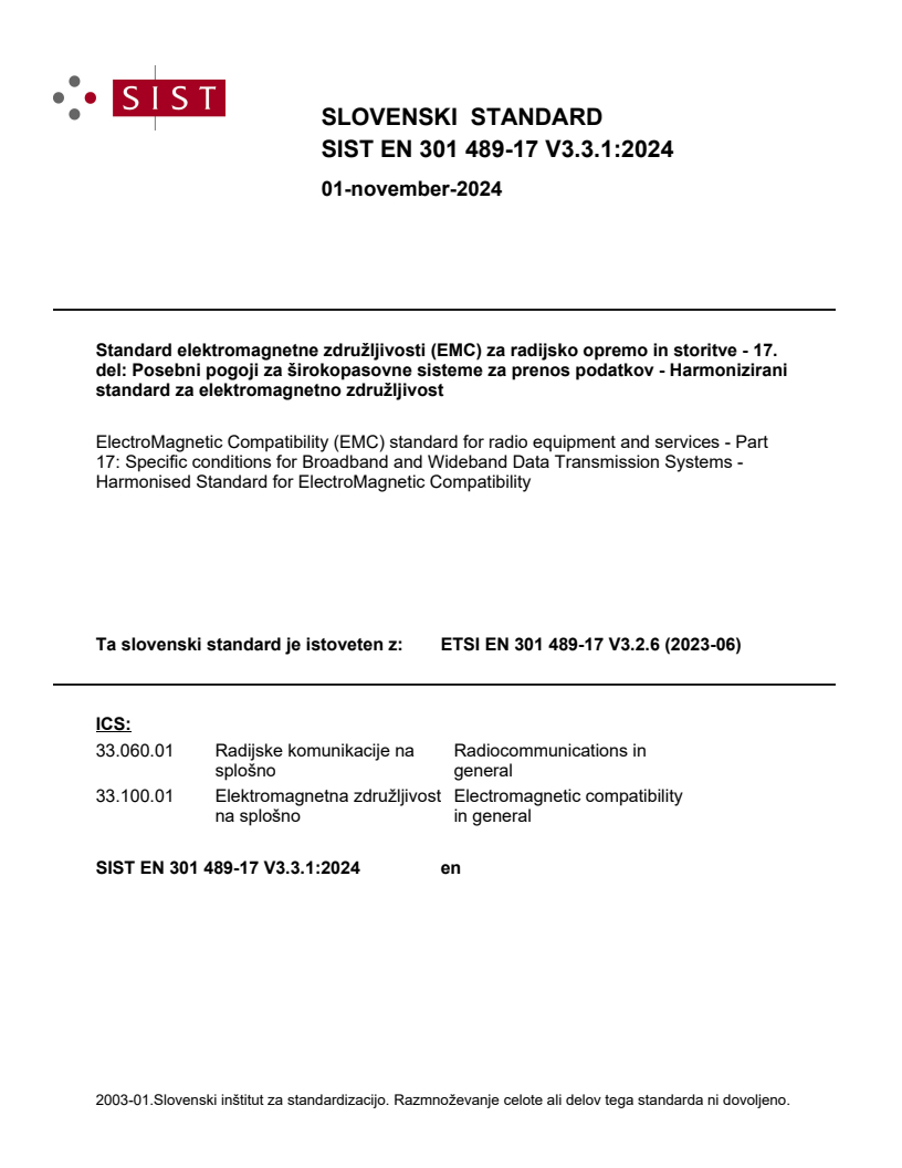 SIST EN 301 489-17 V3.3.1:2024 SIST EN 301 489-17 V3.3.1:2024 - Page 1 preview