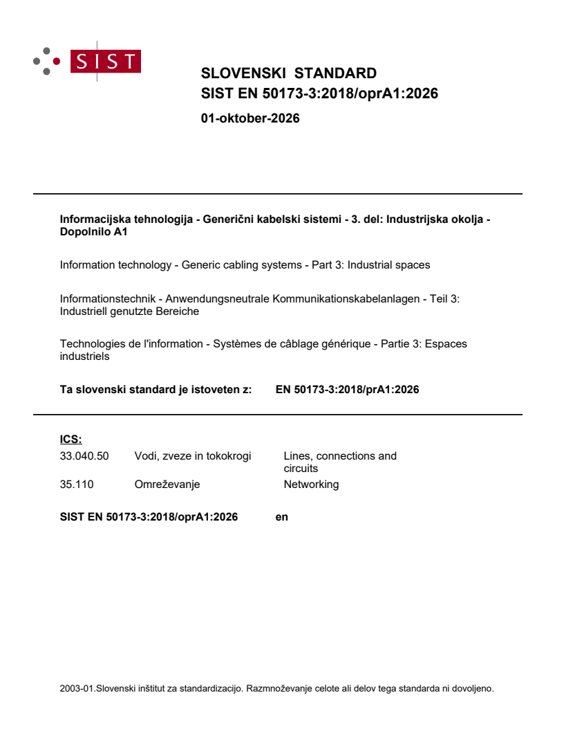 EN 50173-3:2018/prA1:2026 EN 50173-3:2018/oprA1:2026 - Page 1 preview