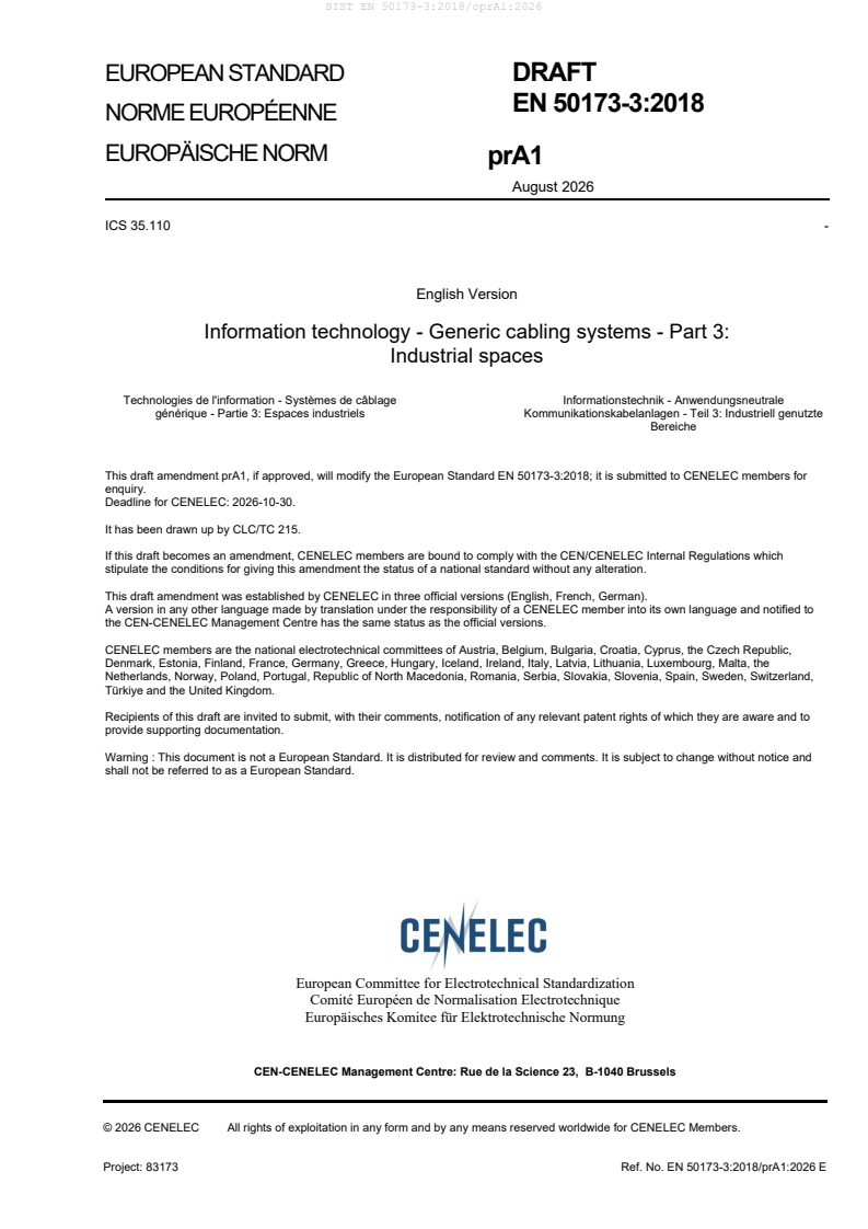 EN 50173-3:2018/prA1:2026 EN 50173-3:2018/oprA1:2026 - Page 3 preview