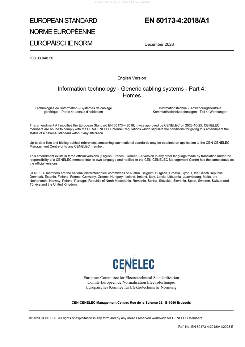 SIST EN 50173-4:2018/A1:2024 SIST EN 50173-4:2018/A1:2024