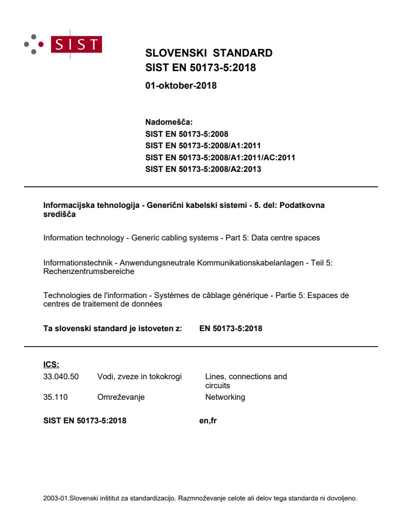 SIST EN 50173-5:2018 SIST EN 50173-5:2018