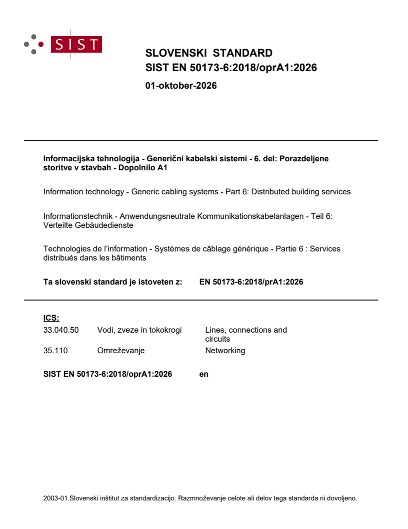 EN 50173-6:2018/prA1:2026 EN 50173-6:2018/oprA1:2026 - Page 1 preview