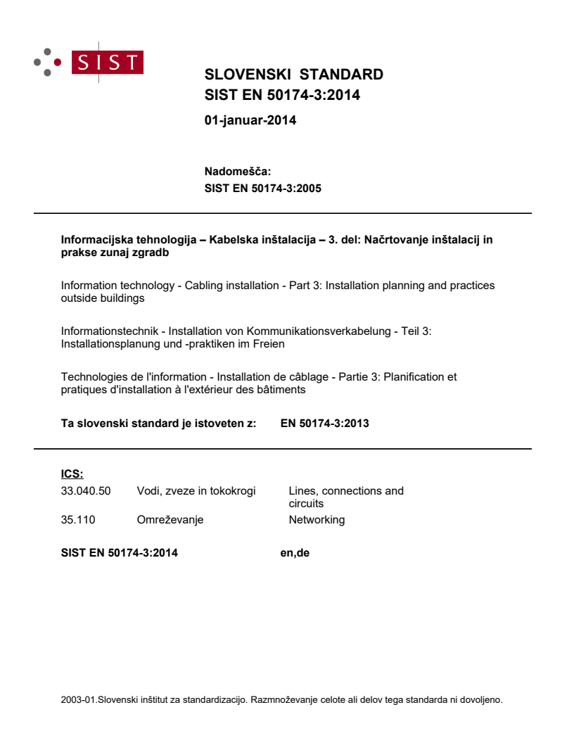 EN 50174-3:2013 EN 50174-3:2014 - BARVE - Page 1 preview