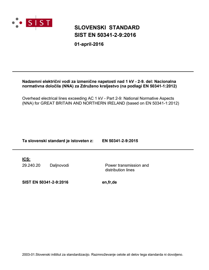 EN 50341-2-9:2015 EN 50341-2-9:2016 - Page 1 preview