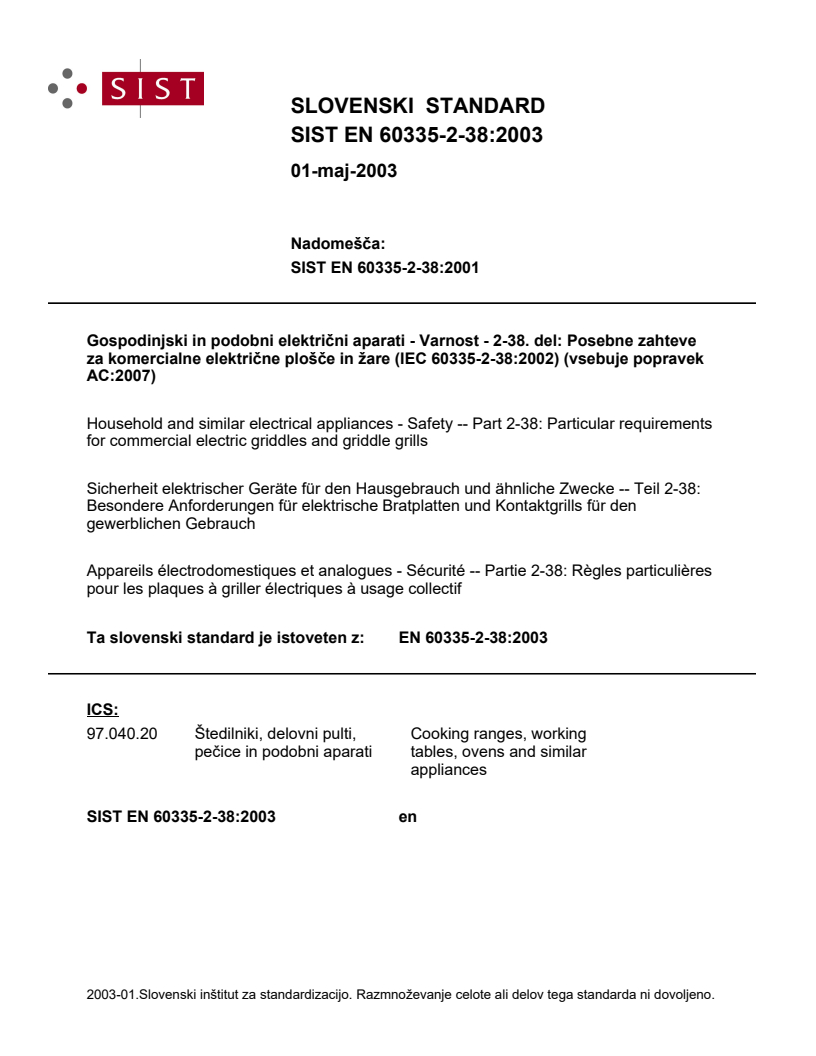 EN 60335-2-38:2003 EN 60335-2-38:2003 - Page 1 preview