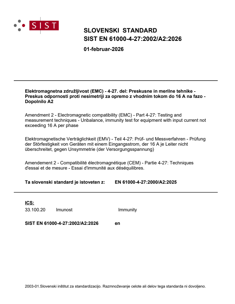 SIST EN 61000-4-27:2002/A2:2026 - BARVE