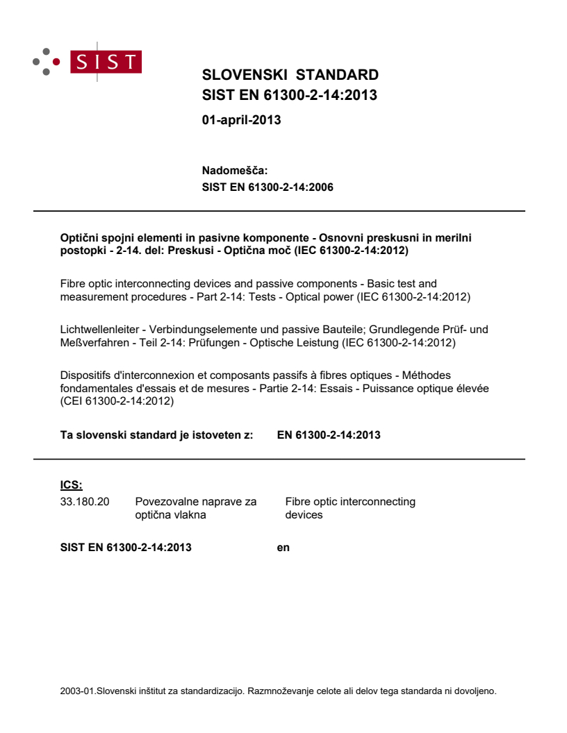 EN 61300-2-14:2013 EN 61300-2-14:2013 - Page 1 preview