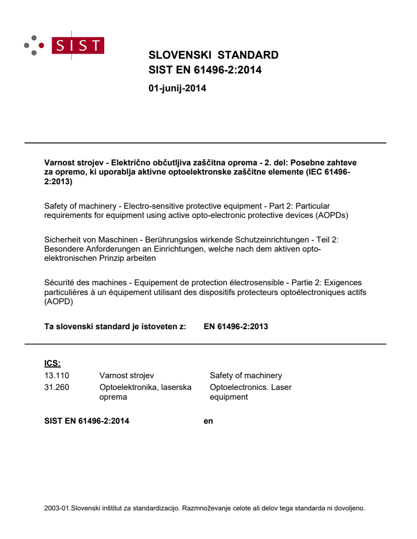 EN 61496-2:2013 EN 61496-2:2014 - BARVE - Page 1 preview