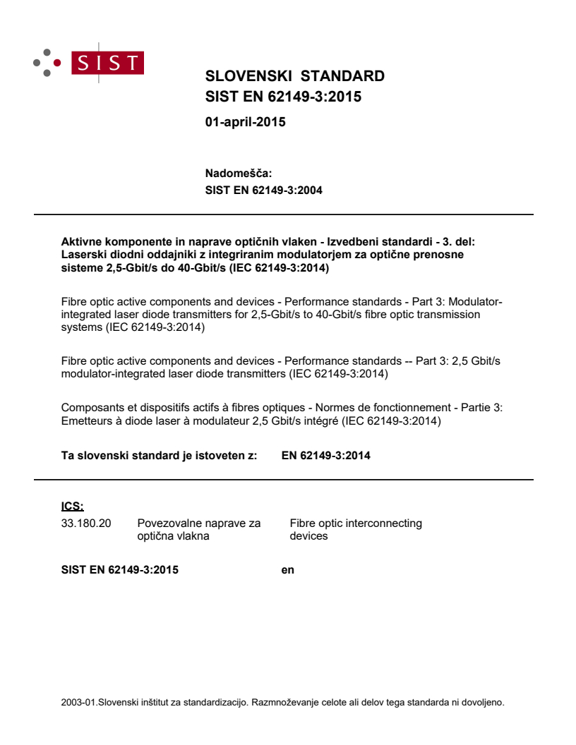 EN 62149-3:2014 EN 62149-3:2015 - Page 1 preview