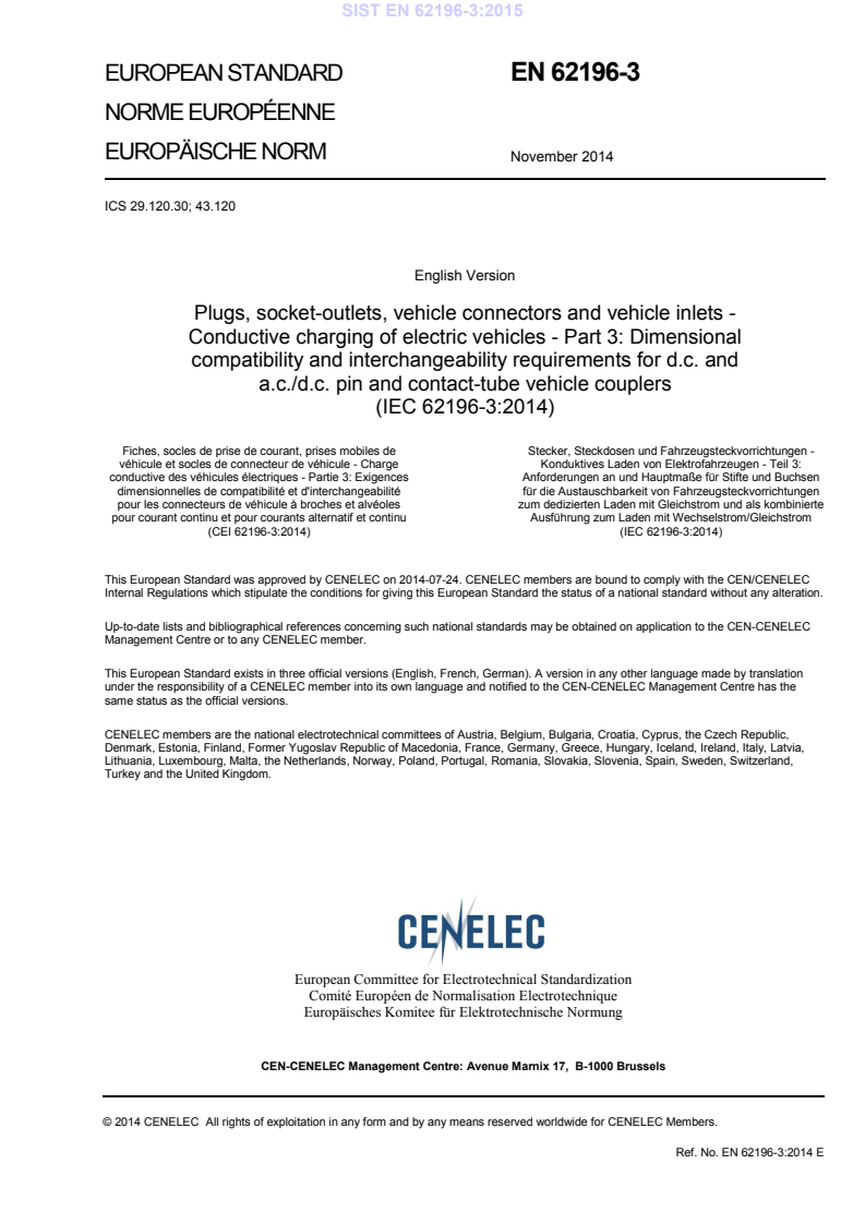 EN 62196-3:2014 EN 62196-3:2015 - Page 3 preview