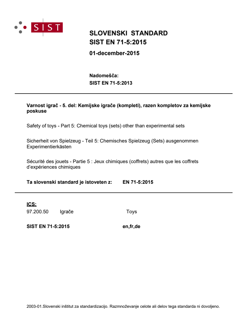 EN 71-5:2015 EN 71-5:2015 - Page 1 preview