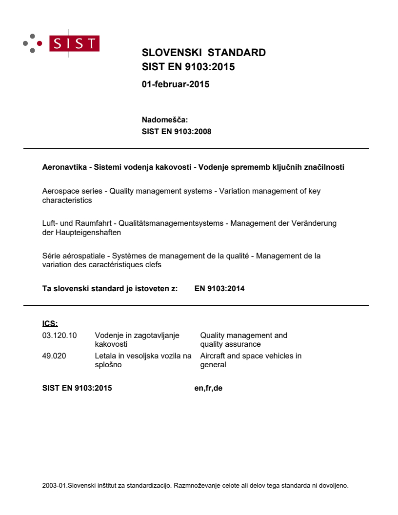 EN 9103:2014 EN 9103:2015 - Page 1 preview