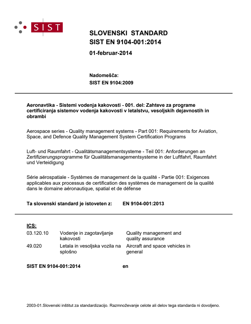 EN 9104-001:2013 EN 9104-001:2014 - Page 1 preview
