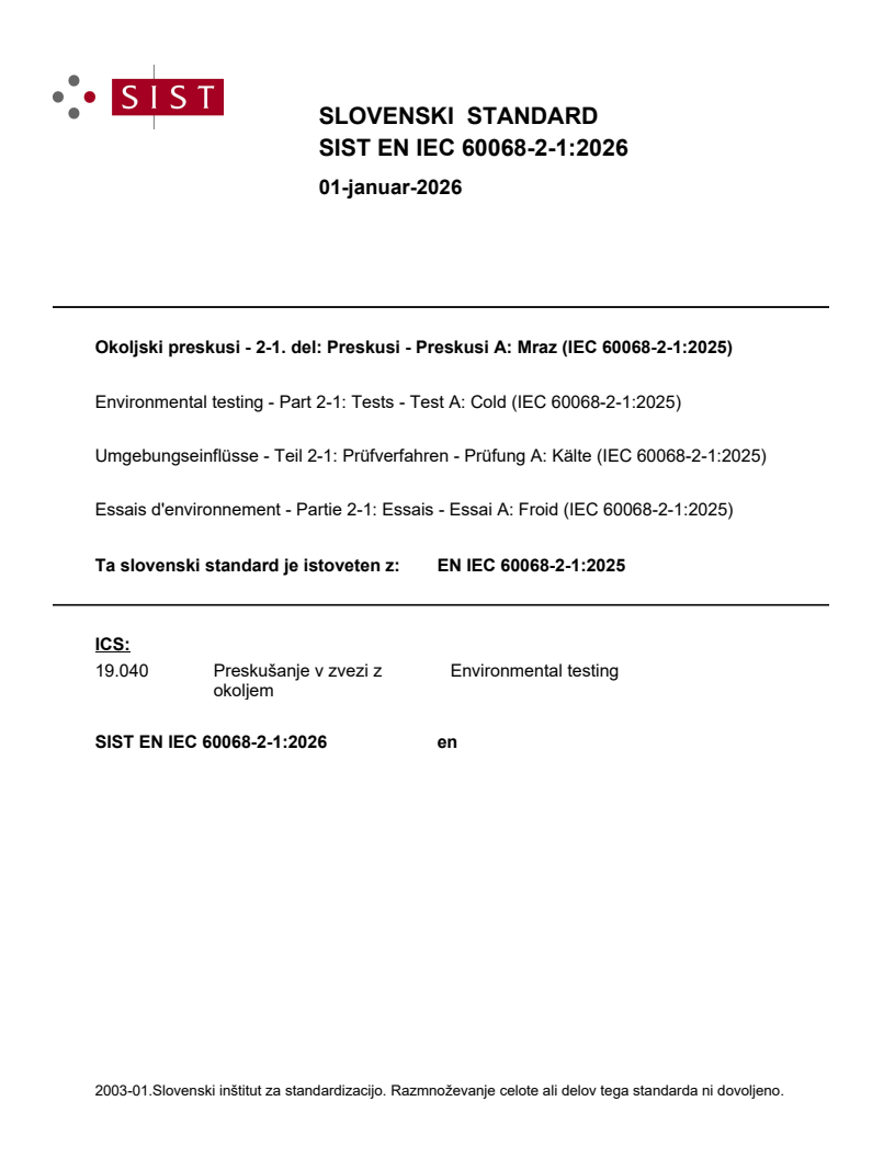 SIST EN IEC 60068-2-1:2026
