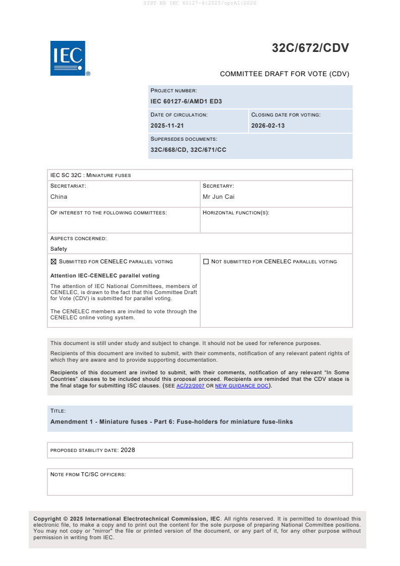 SIST EN IEC 60127-6:2025/oprA1:2026