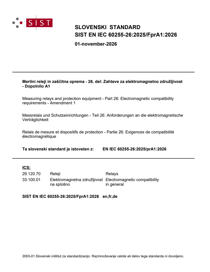 EN IEC 60255-26:2025/prA1:2026 EN IEC 60255-26:2025/FprA1:2026 - Page 1 preview