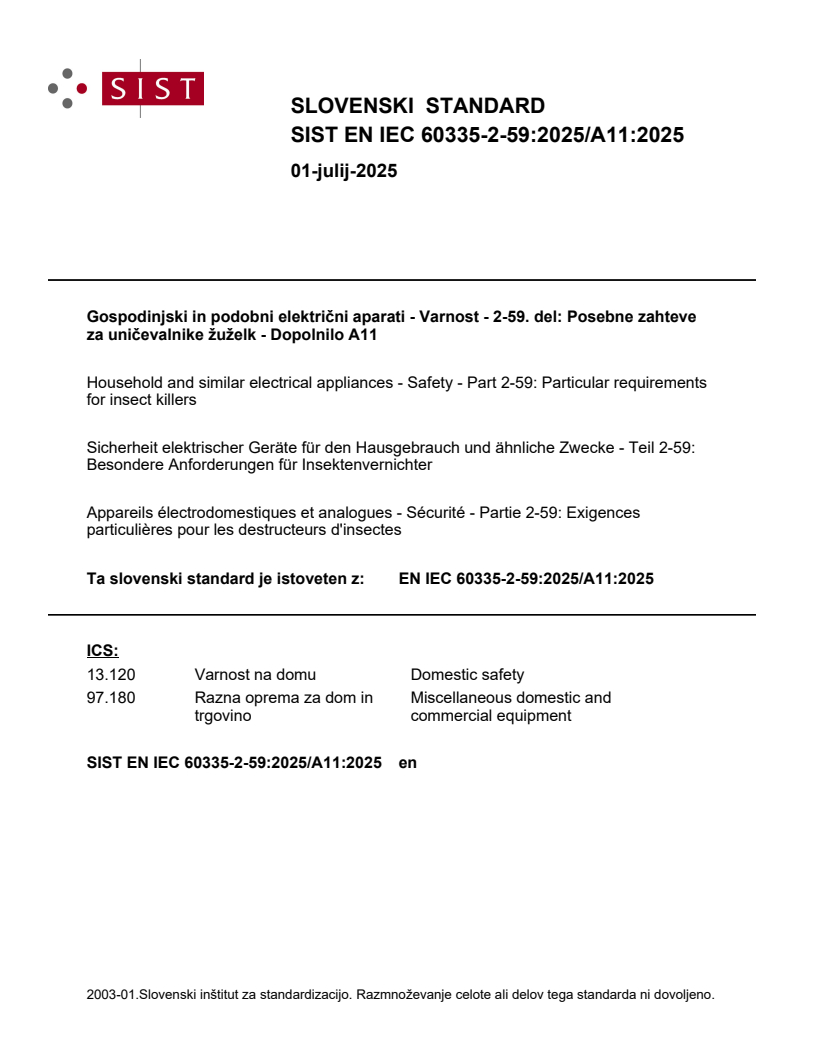 EN IEC 60335-2-59:2025/A11:2025