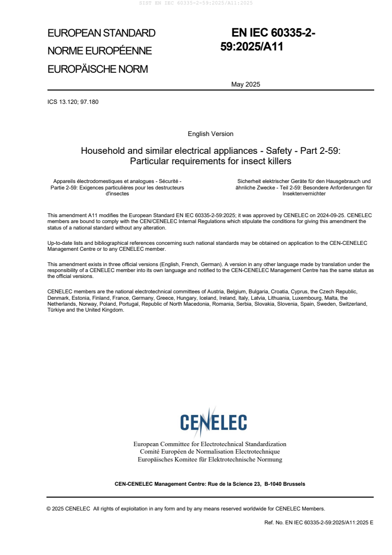EN IEC 60335-2-59:2025/A11:2025