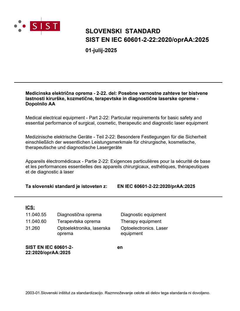 EN IEC 60601-2-22:2020/oprAA:2025
