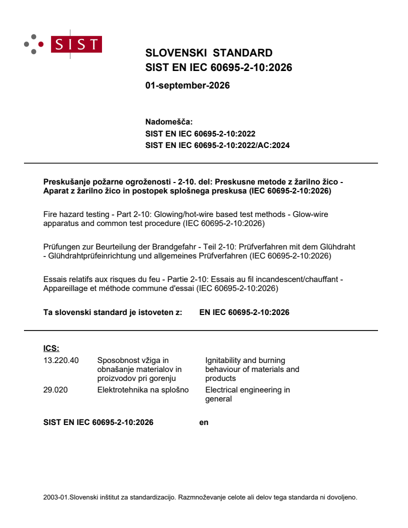 SIST EN IEC 60695-2-10:2026 SIST EN IEC 60695-2-10:2026 - BARVE - Page 1 preview