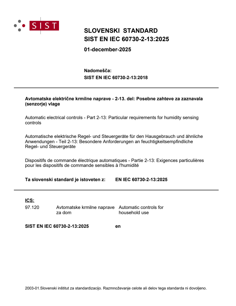 SIST EN IEC 60730-2-13:2025