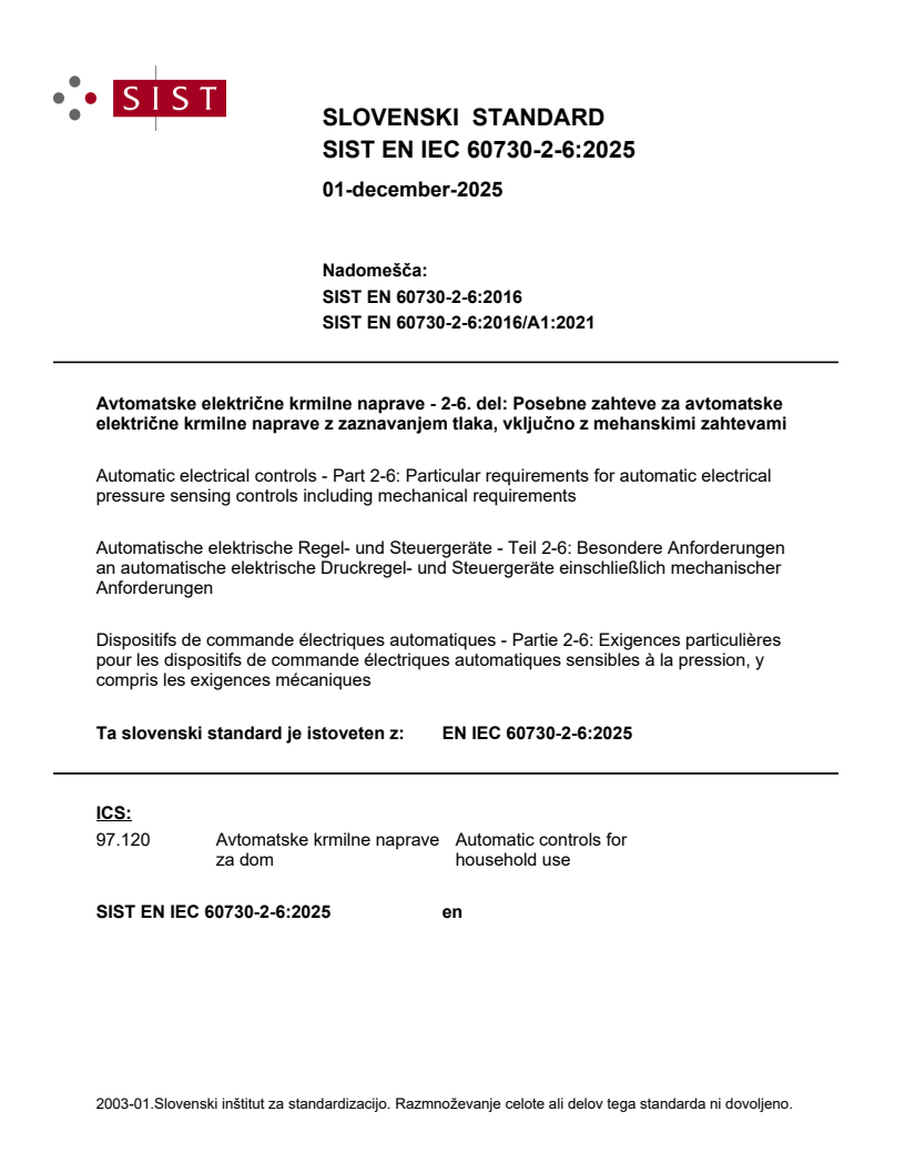 SIST EN IEC 60730-2-6:2025