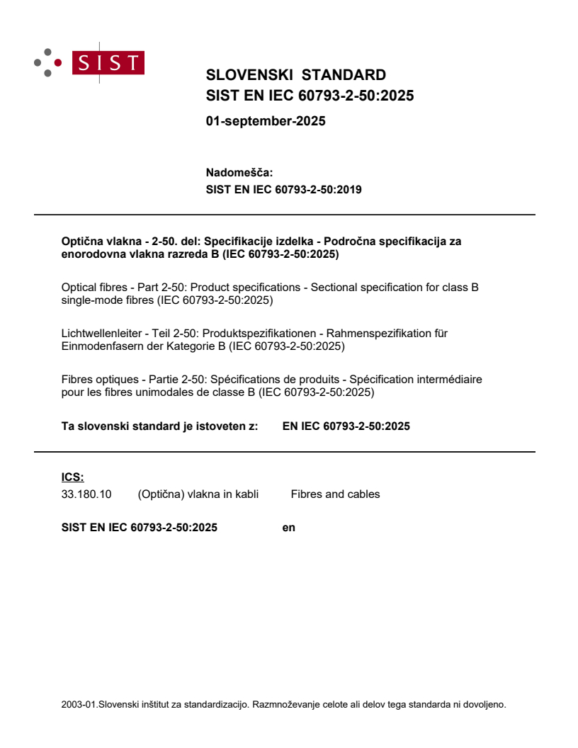 EN IEC 60793-2-50:2025 - BARVE