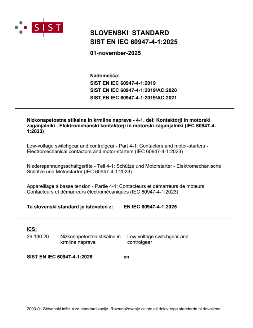 EN IEC 60947-4-1:2025 - BARVE