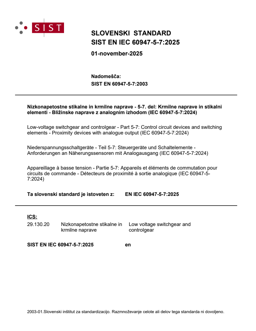 EN IEC 60947-5-7:2025 - BARVE