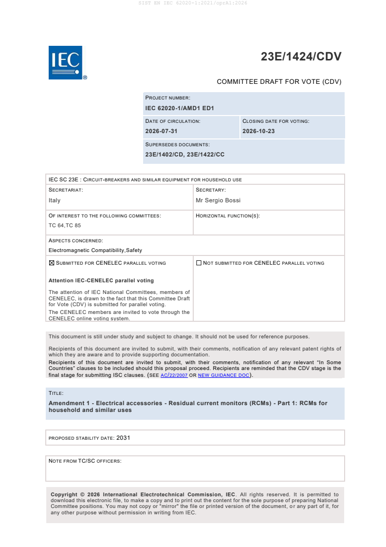 EN IEC 62020-1:2021/prA1:2026 EN IEC 62020-1:2021/oprA1:2026 - Page 3 preview