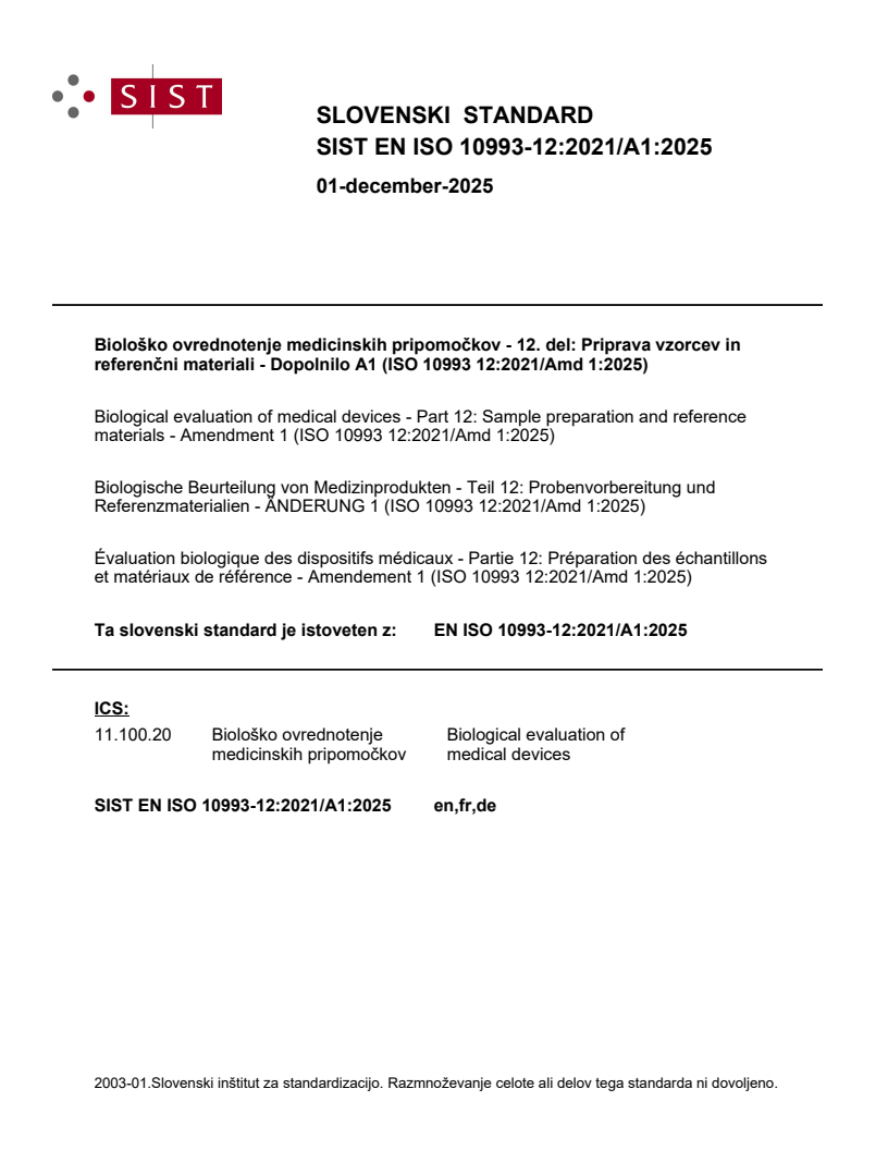 SIST EN ISO 10993-12:2021/A1:2025