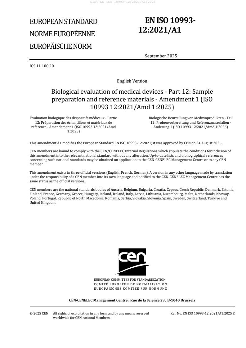 SIST EN ISO 10993-12:2021/A1:2025