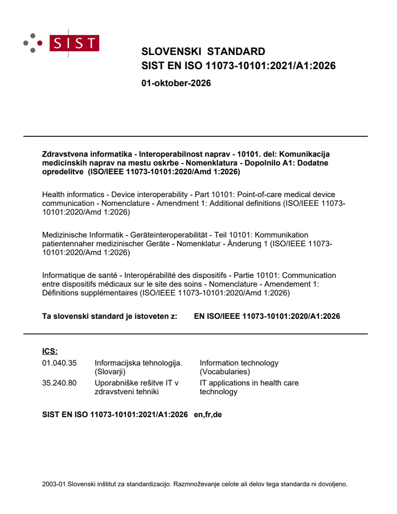 SIST EN ISO 11073-10101:2021/A1:2026 SIST EN ISO 11073-10101:2021/A1:2026 - BARVE - Page 1 preview