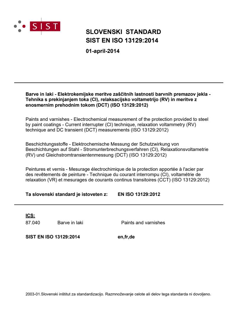 EN ISO 13129:2012 EN ISO 13129:2014 - BARVE - Page 1 preview