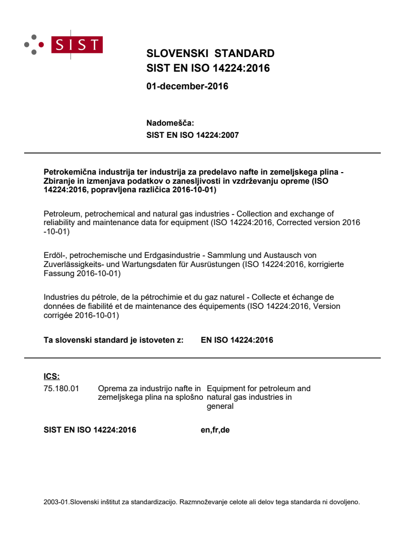 SIST EN ISO 14224:2016 SIST EN ISO 14224:2016 - BARVE - Page 1 preview