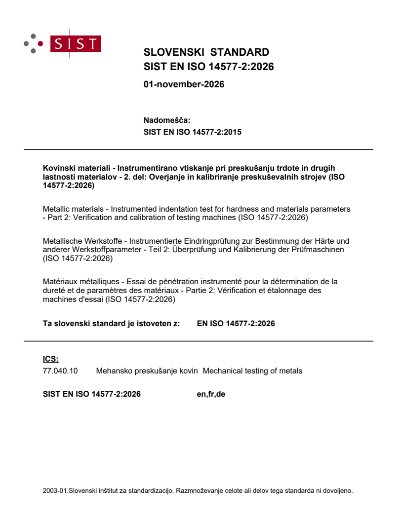 SIST EN ISO 14577-2:2026 SIST EN ISO 14577-2:2026 - Page 1 preview