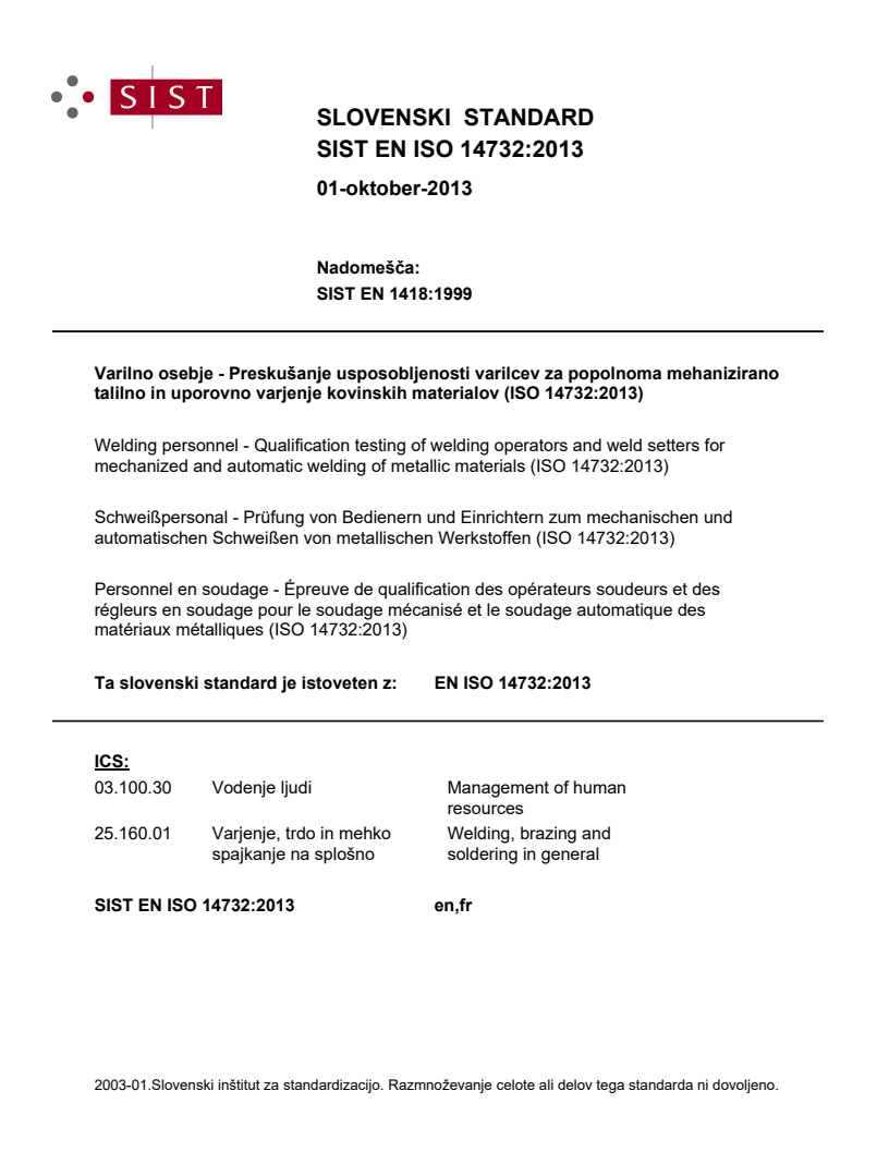 EN ISO 14732:2013 EN ISO 14732:2013 (EN) - Page 1 preview