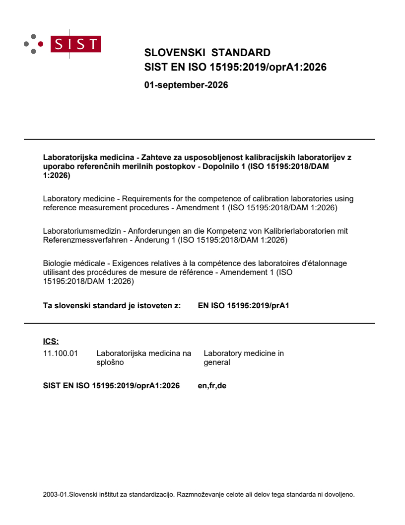 EN ISO 15195:2019/prA1 EN ISO 15195:2019/oprA1:2026 - Page 1 preview